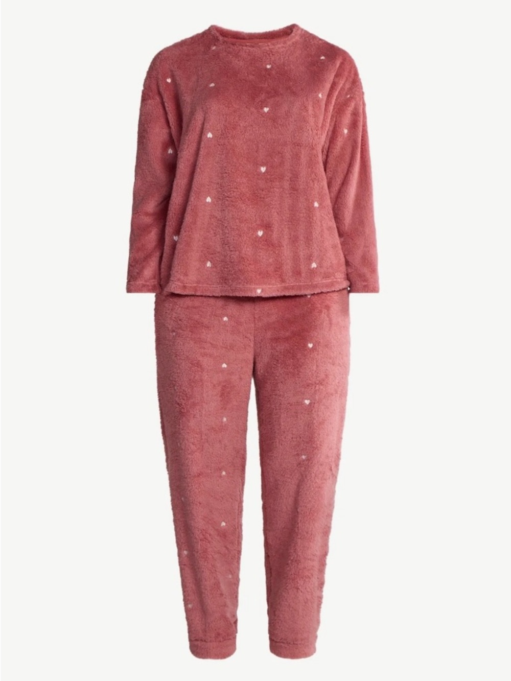 Cozy Fleece Heart-Print Pajama Set - Dusty Rose